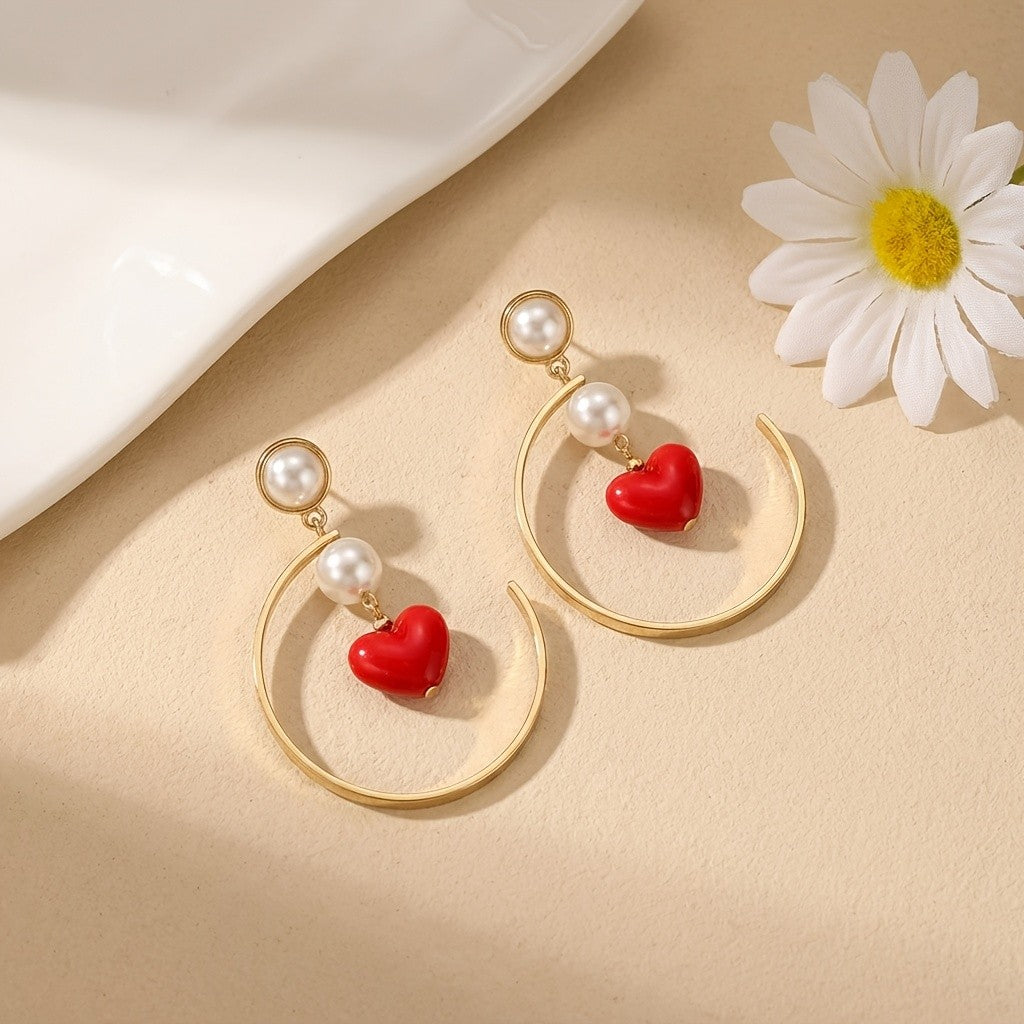 Red Heart Pearl Hoop Earrings