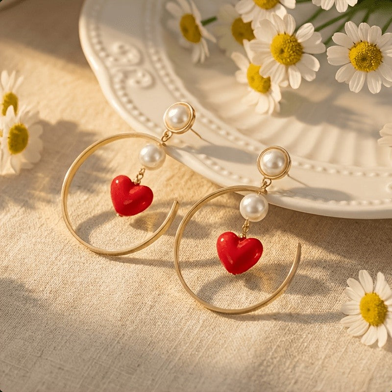Red Heart Pearl Hoop Earrings