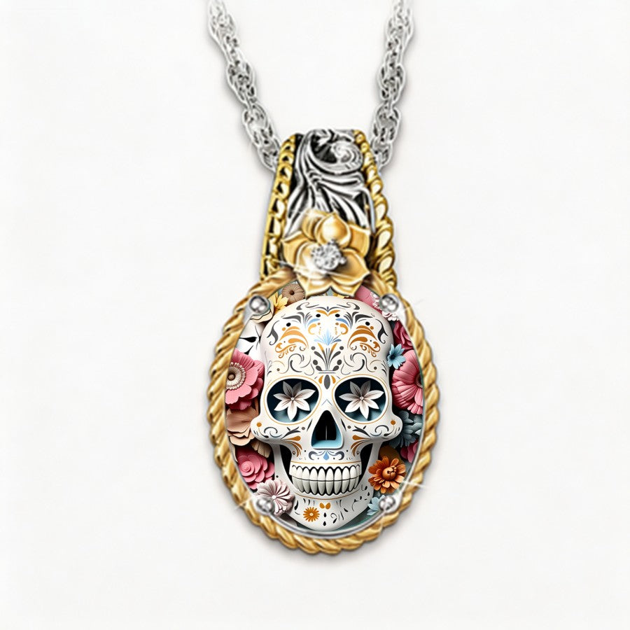 Floral Sugar Skull Pendant Necklace