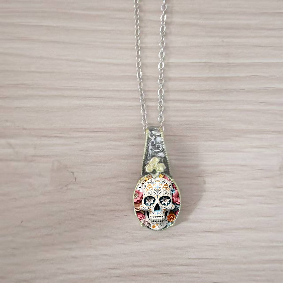 Floral Sugar Skull Pendant Necklace