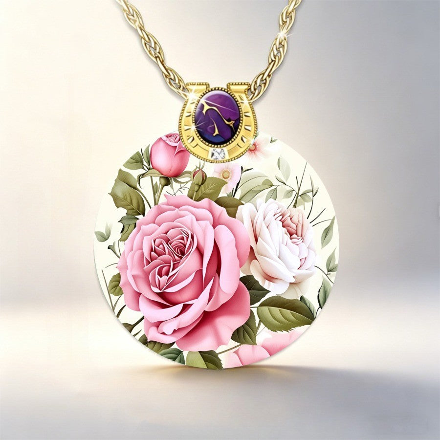 Pink Rose Disc Pendant Necklace