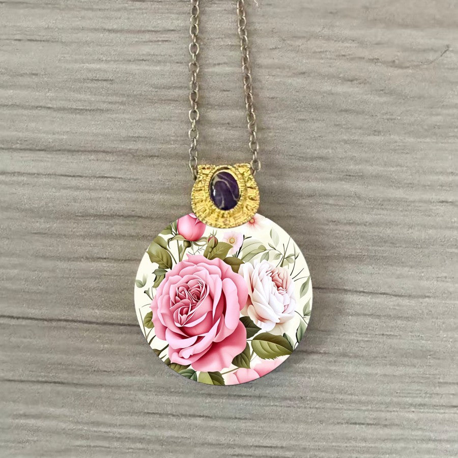 Pink Rose Disc Pendant Necklace