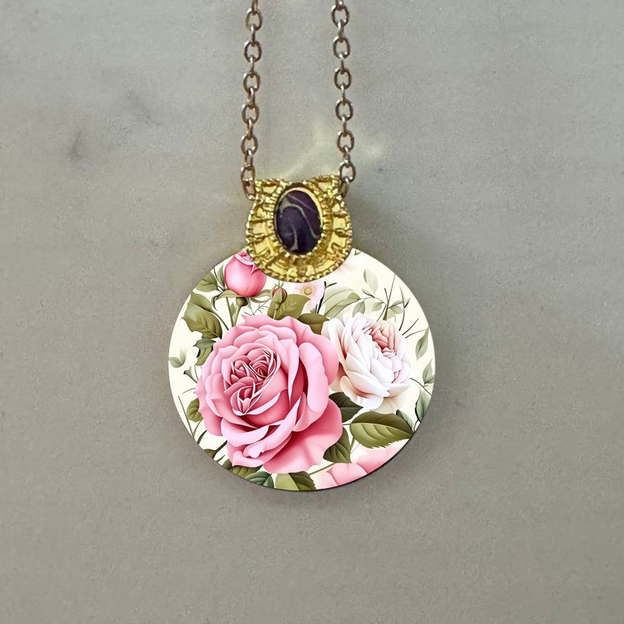 Pink Rose Disc Pendant Necklace