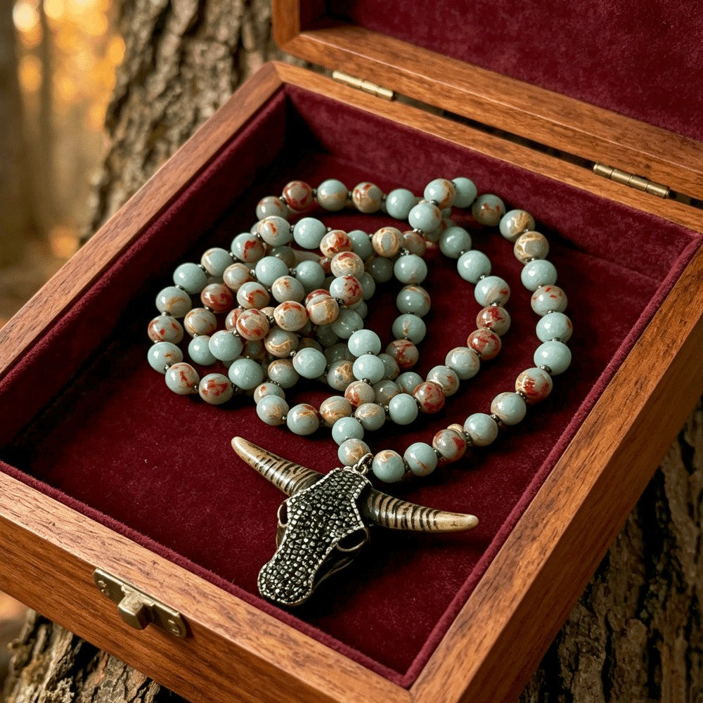 Speckled Stone Bull Skull Necklace