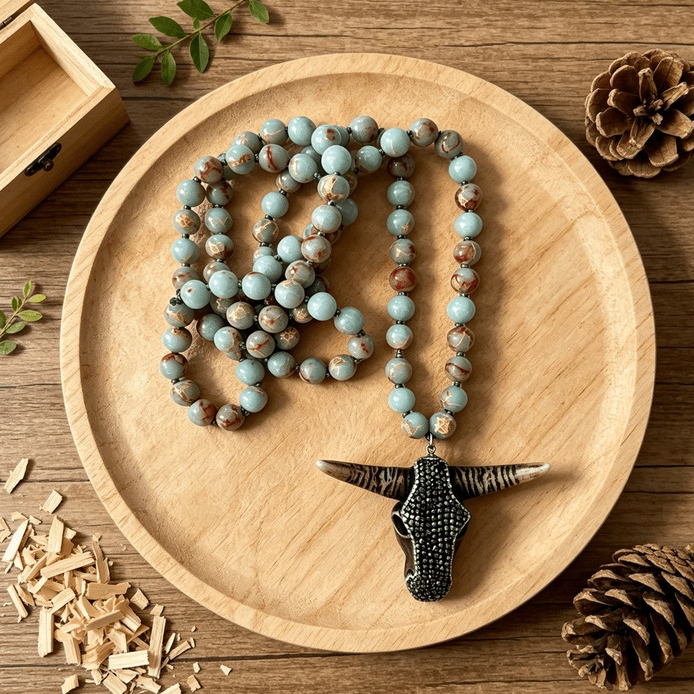 Speckled Stone Bull Skull Necklace