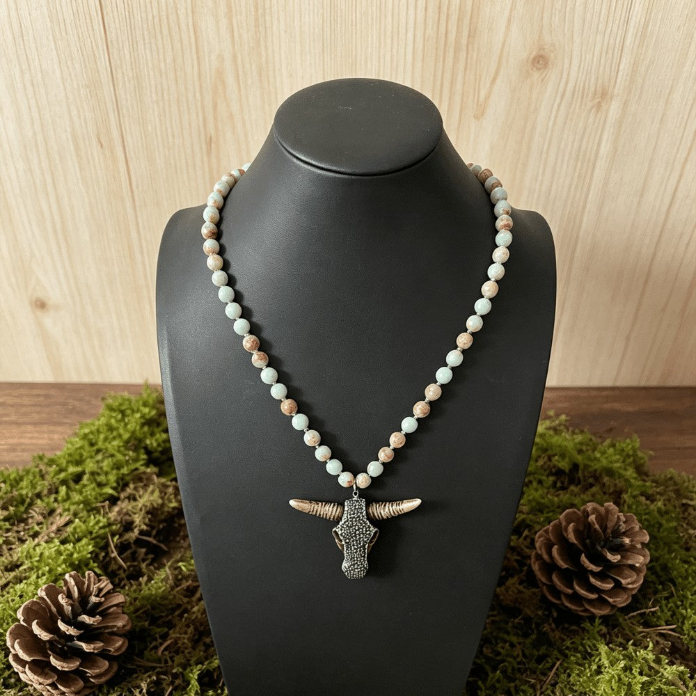 Speckled Stone Bull Skull Necklace