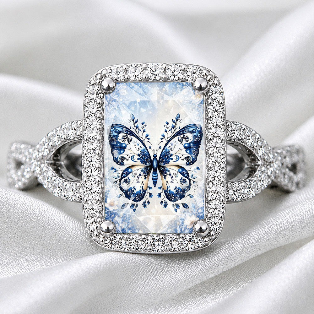 Blue Porcelain Butterfly Square Ring