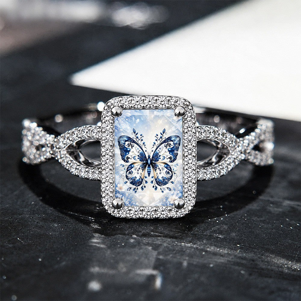 Blue Porcelain Butterfly Square Ring