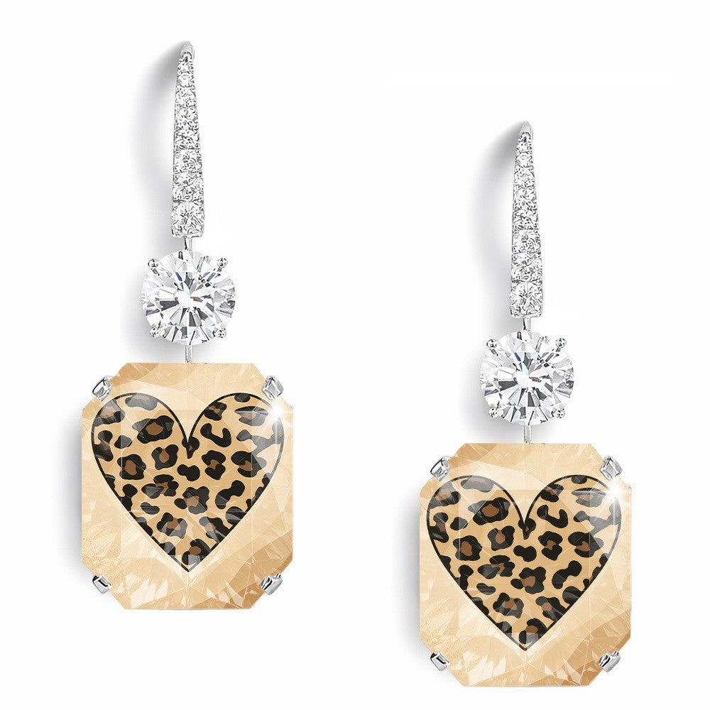 Leopard Heart Crystal Drop Earrings