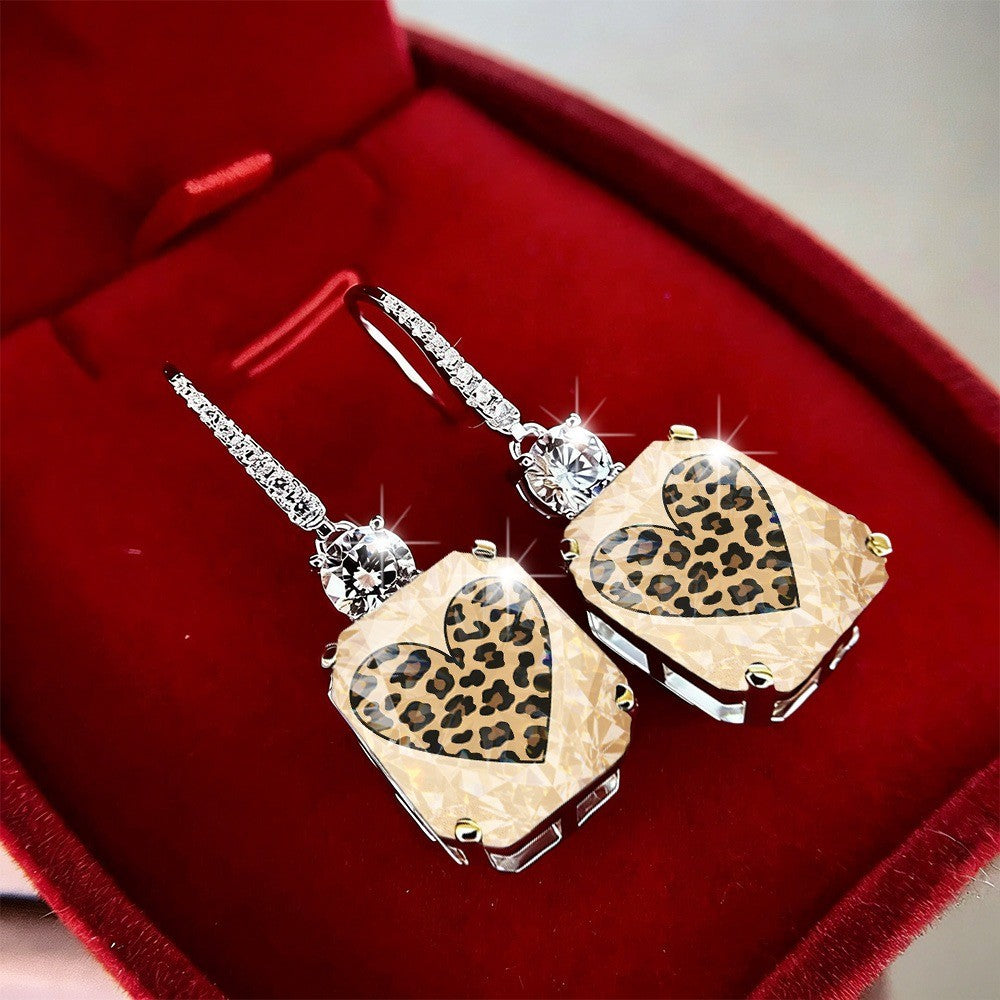 Leopard Heart Crystal Drop Earrings