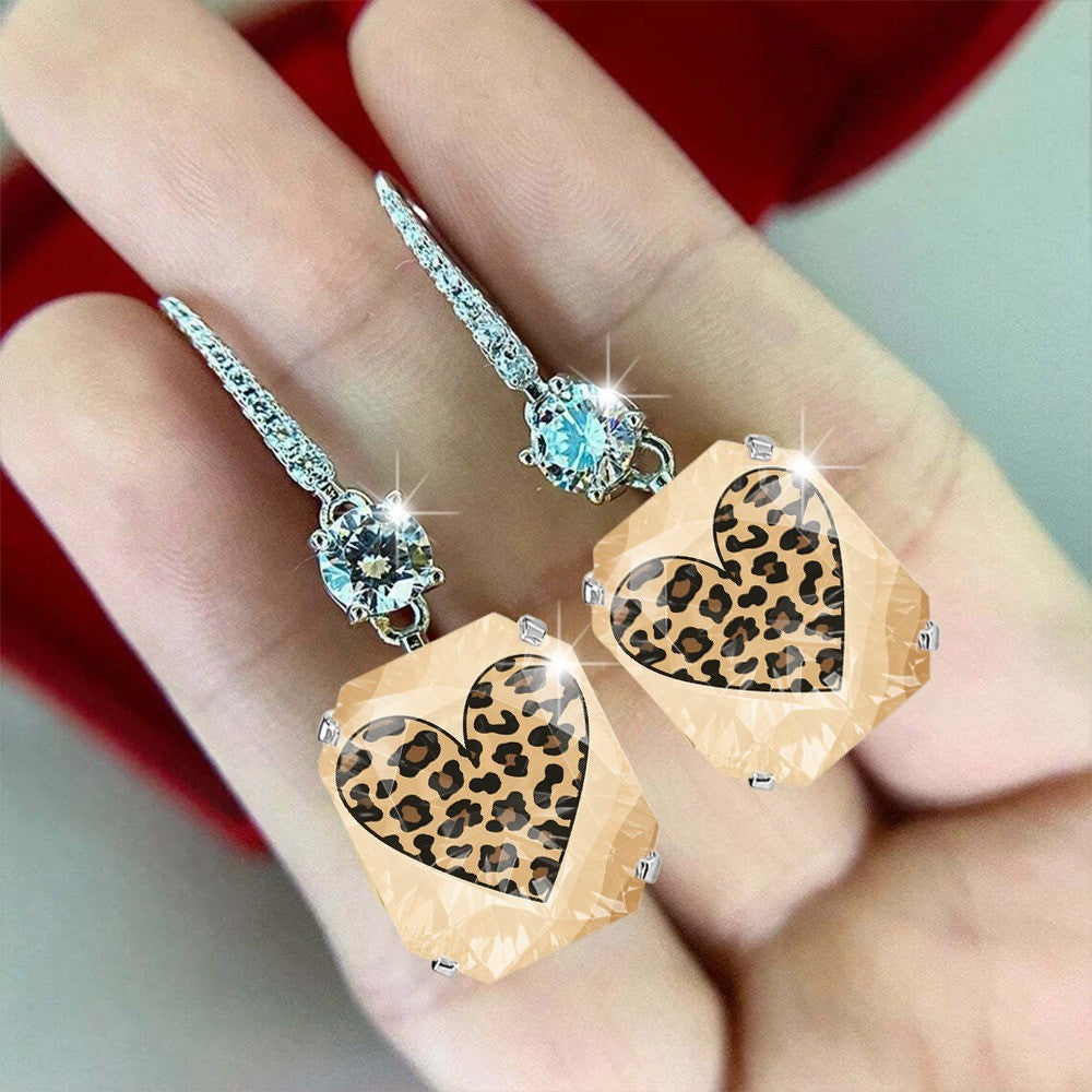 Leopard Heart Crystal Drop Earrings