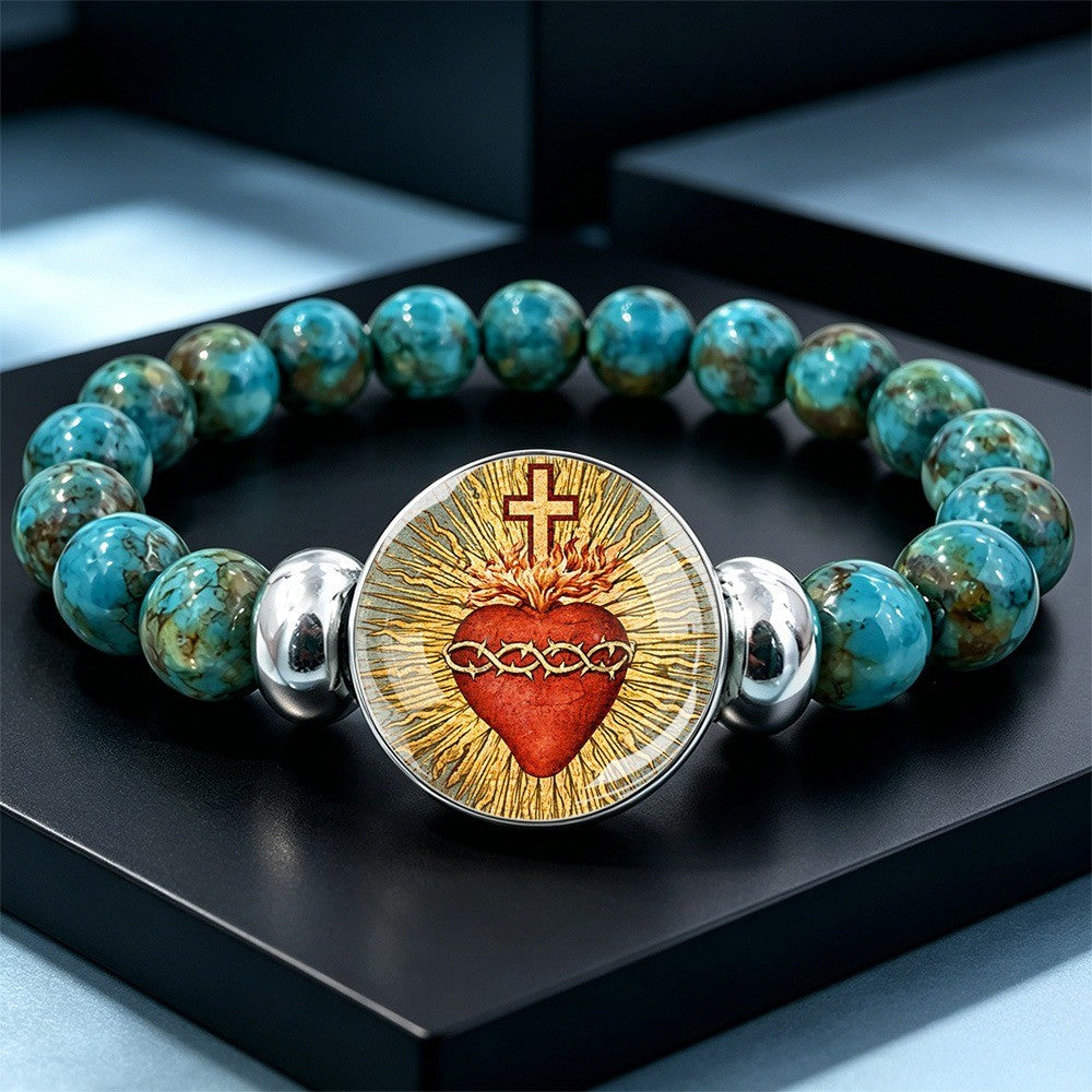Sacred Heart & Cross Turquoise Bracelet