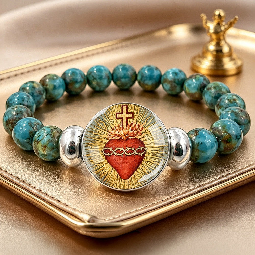 Sacred Heart & Cross Turquoise Bracelet