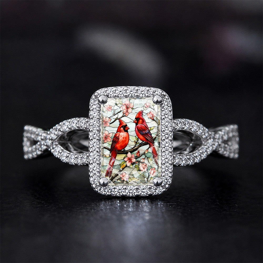 Red Bird Floral Square Ring