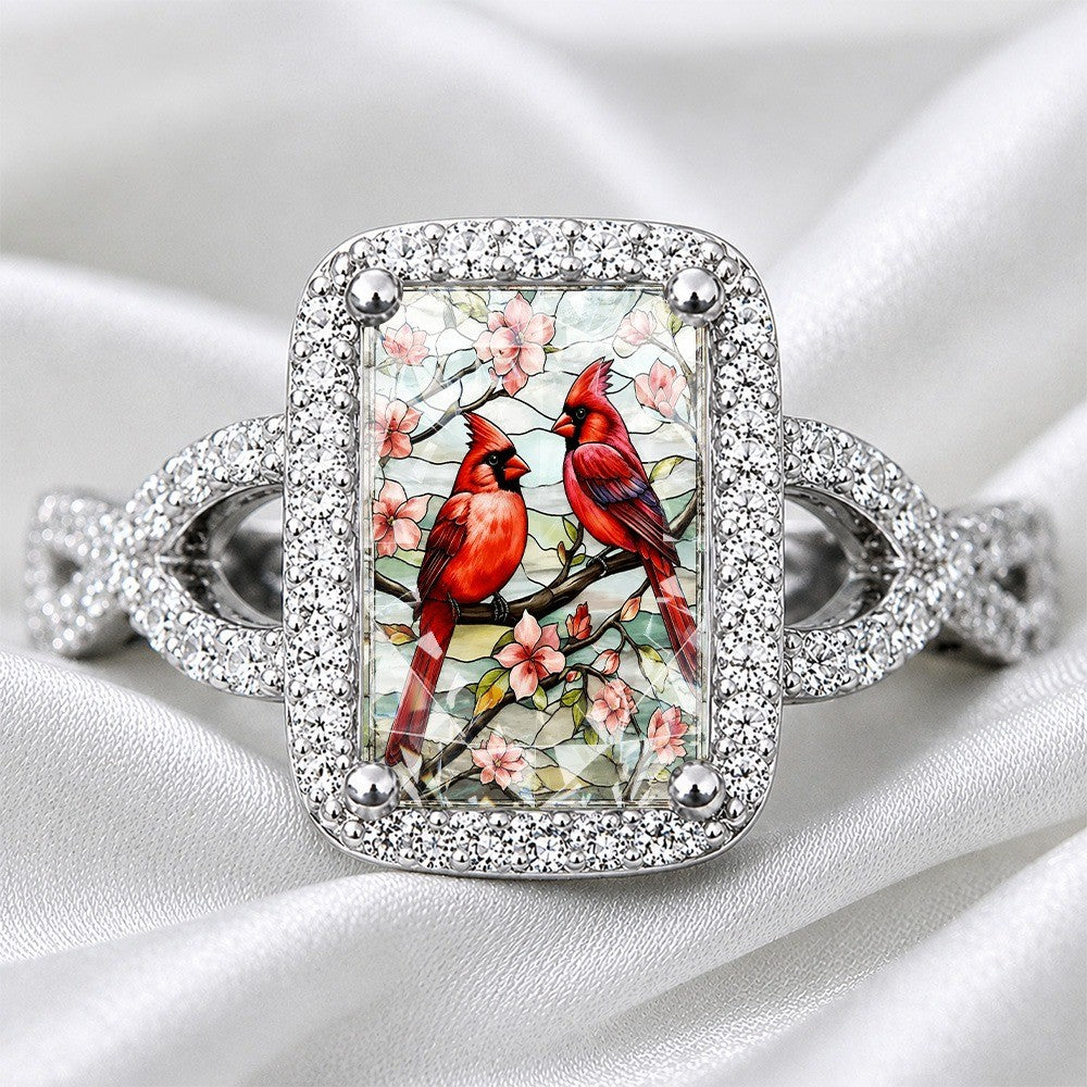 Red Bird Floral Square Ring