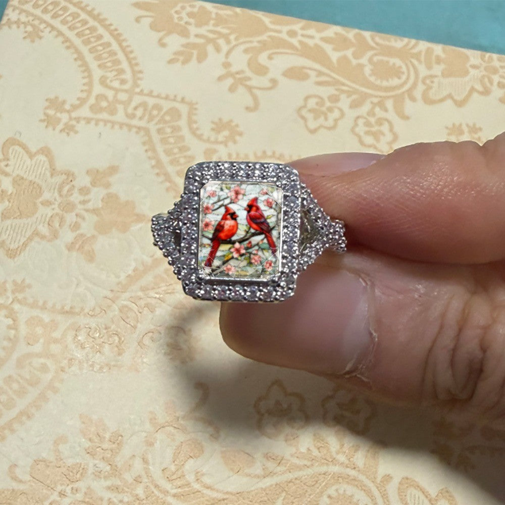 Red Bird Floral Square Ring