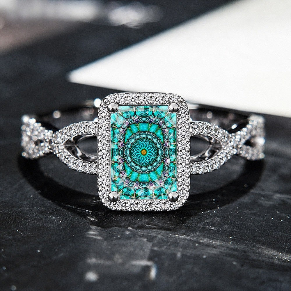 Teal Mandala Crystal Square Ring