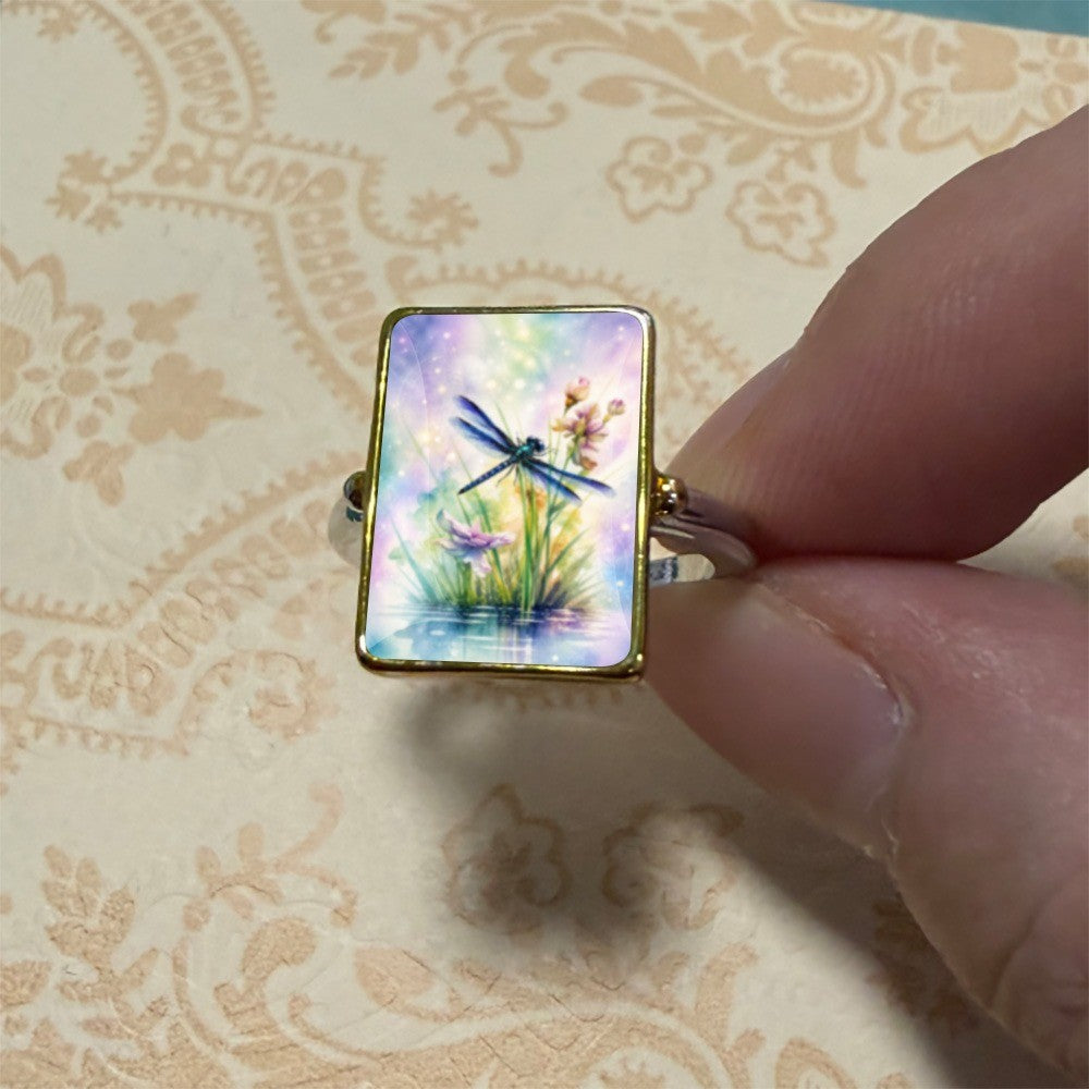 Dragonfly Watercolor Rectangle Ring