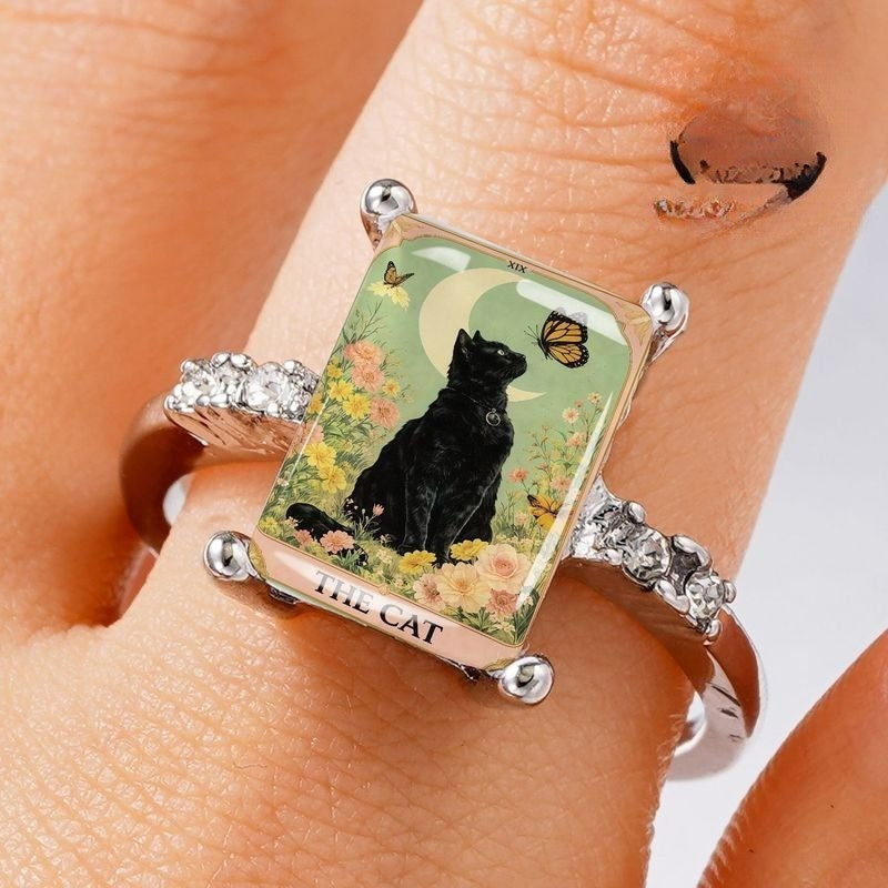Black Cat Moonlight Rectangle Ring