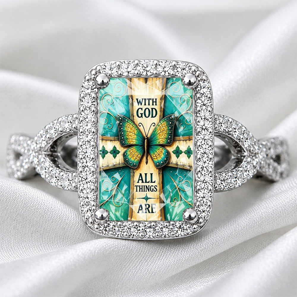 Teal Butterfly Faith Square Ring