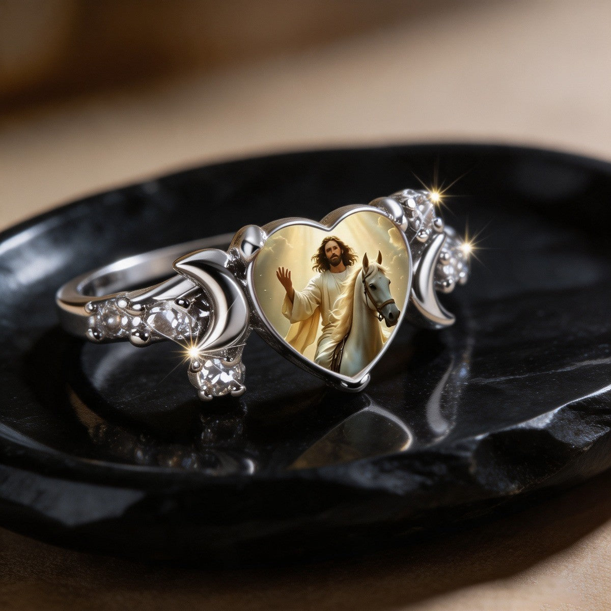 Faith Heart & Crescent Moon Ring