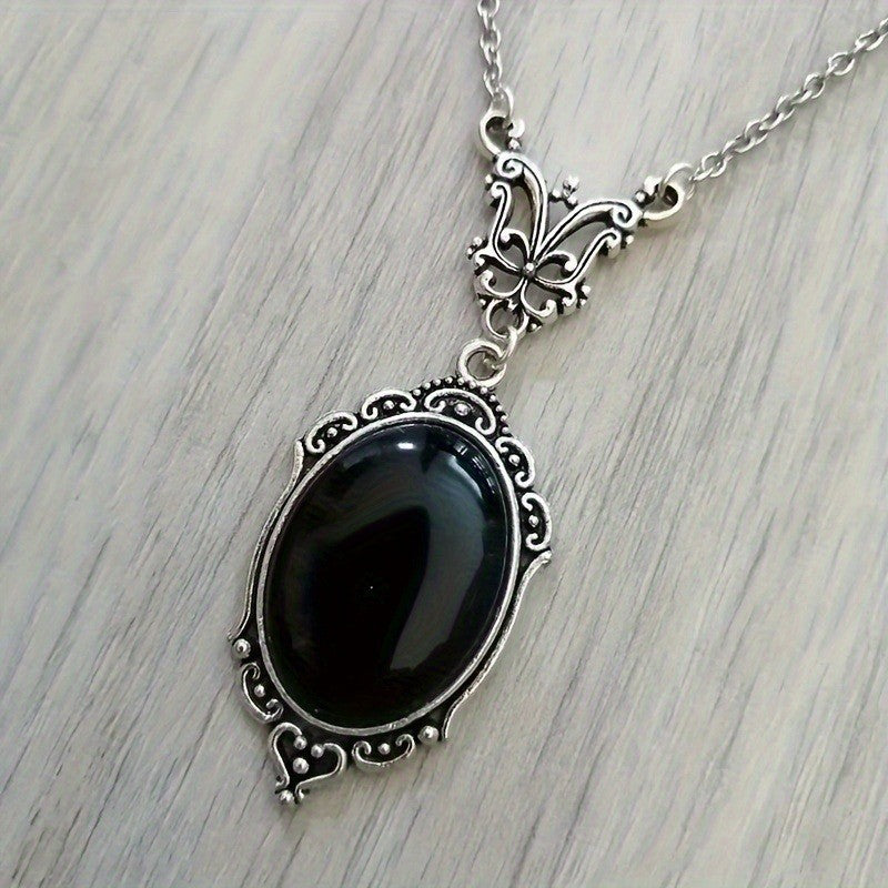Black Oval Scroll Pendant Necklace