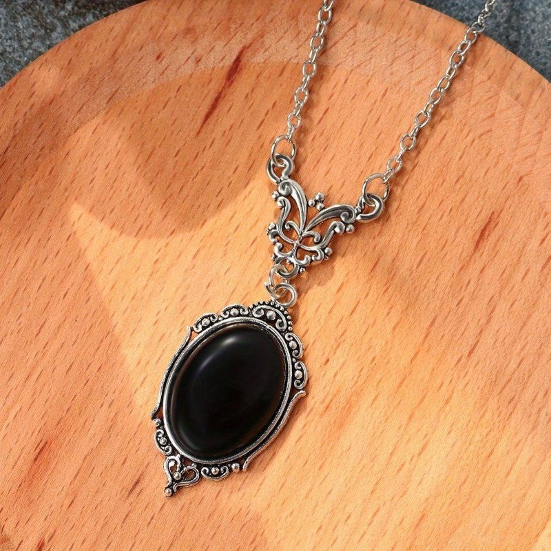 Black Oval Scroll Pendant Necklace