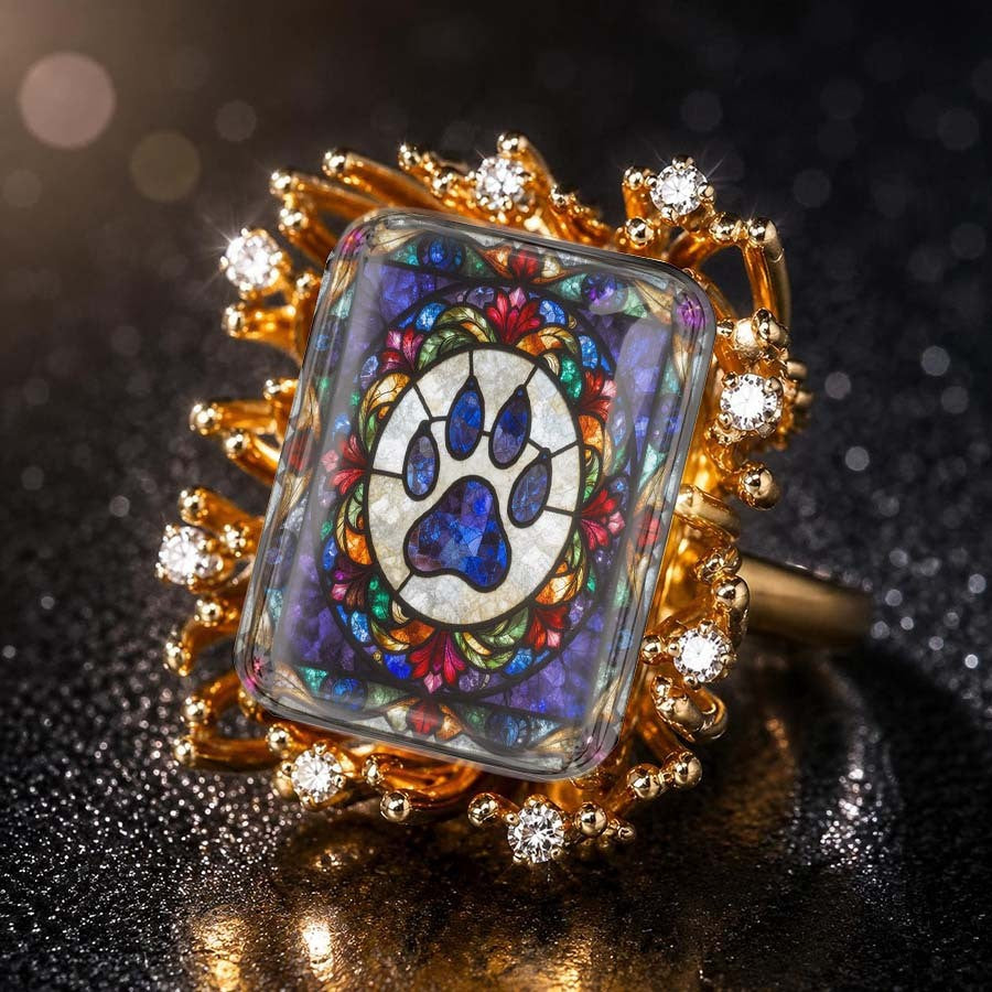 Stained Glass Paw Print Square Ring