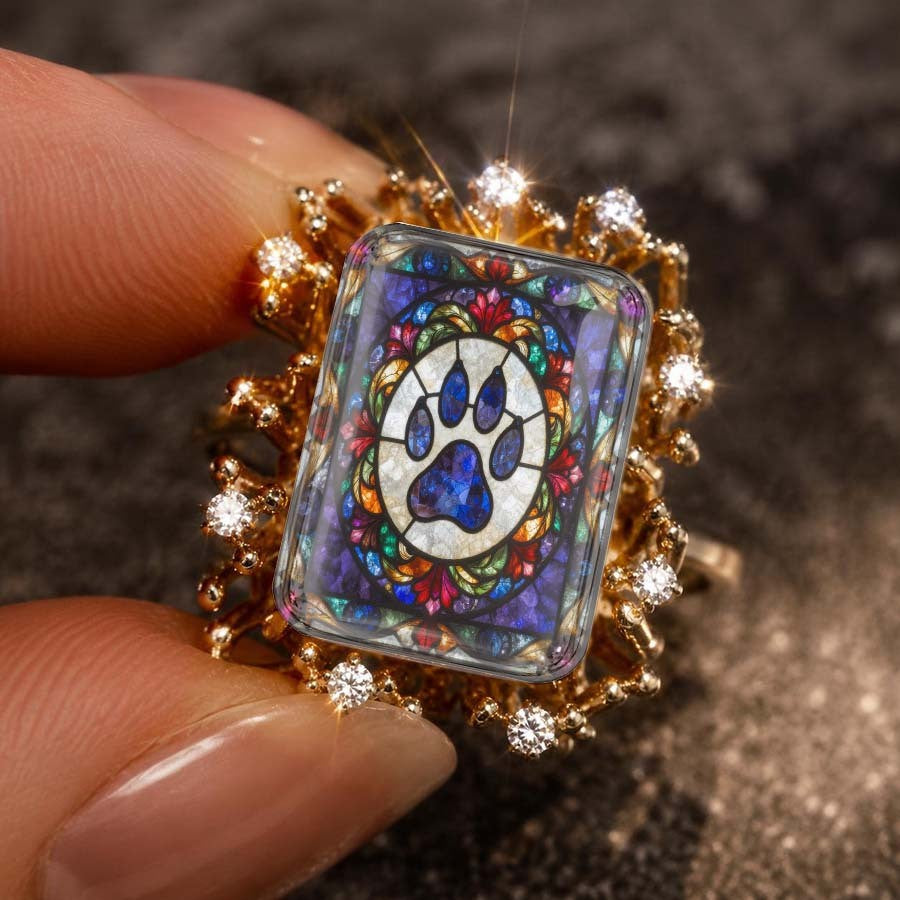 Stained Glass Paw Print Square Ring