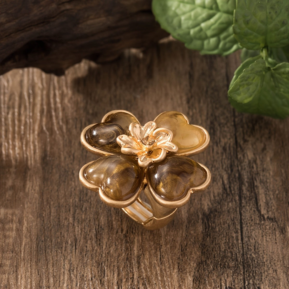 Resin Heart Flower Statement Ring