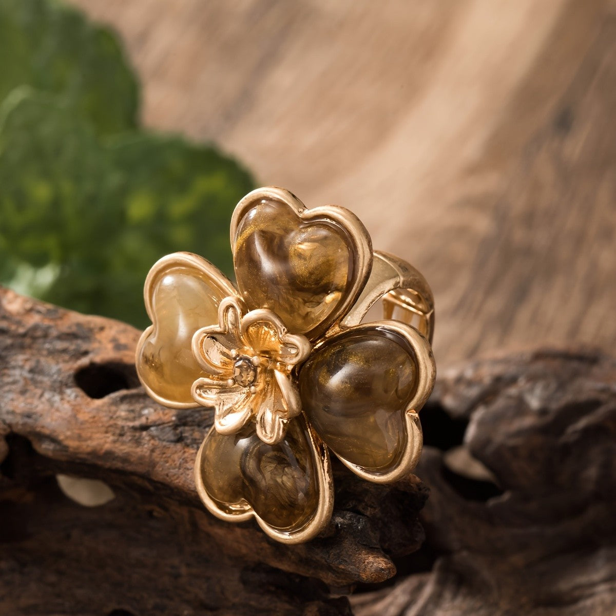 Resin Heart Flower Statement Ring