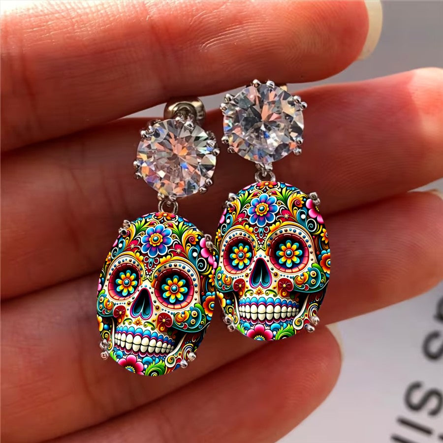 Colorful Floral Skull Drop Earrings