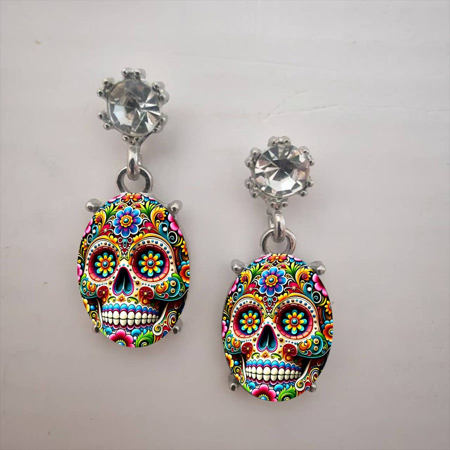 Colorful Floral Skull Drop Earrings