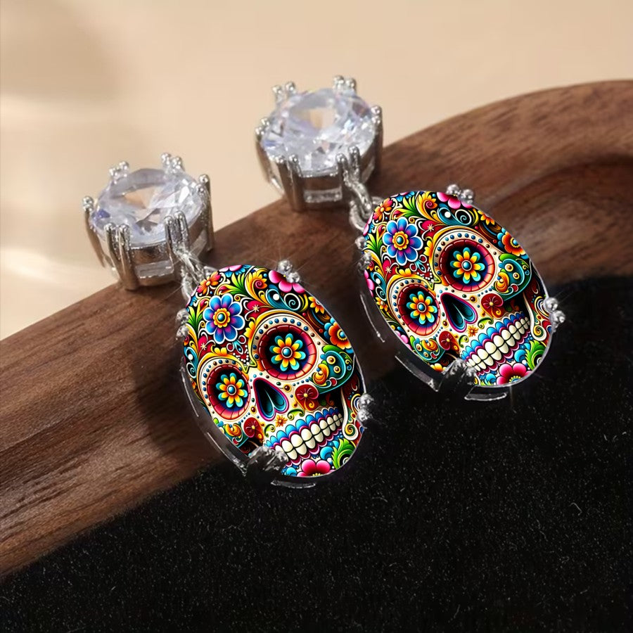 Colorful Floral Skull Drop Earrings