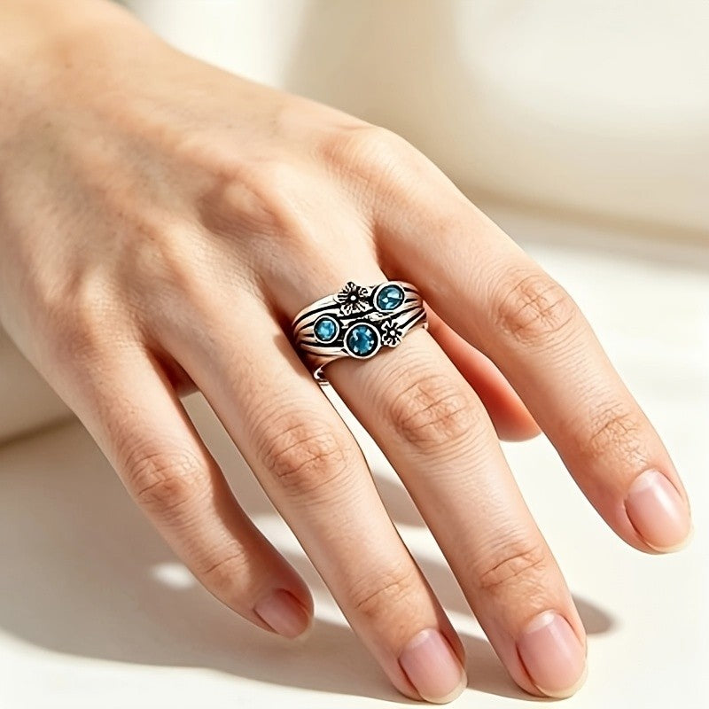 Blue Stone Floral Wide Ring