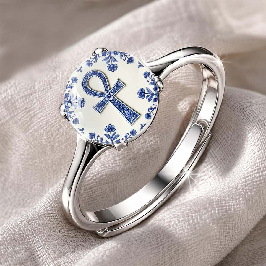 Blue Floral Ankh Ring
