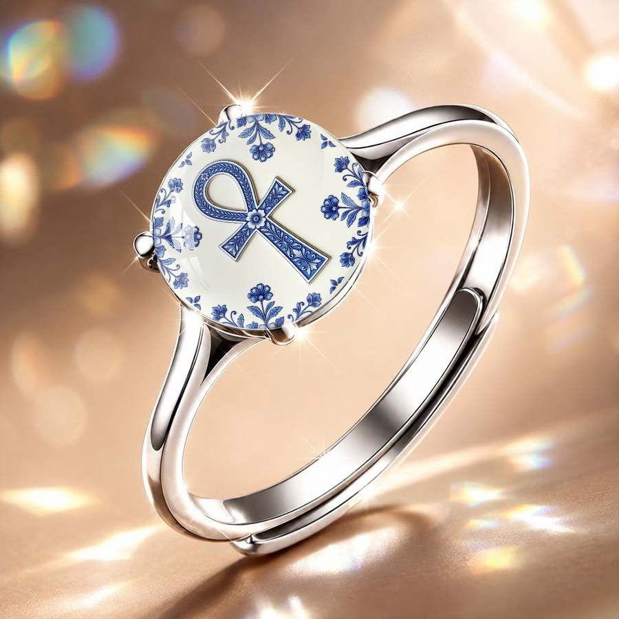 Blue Floral Ankh Ring