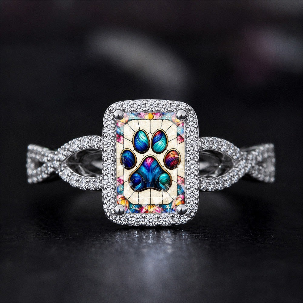 Stained Colorful Paw Print Square Ring