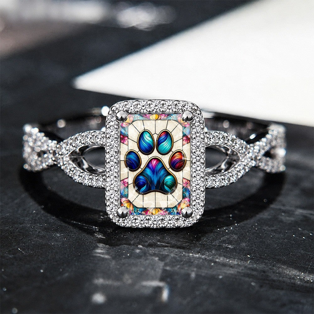 Stained Colorful Paw Print Square Ring