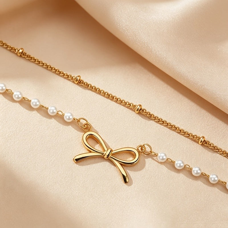 Layered Pearl Bow Anklet