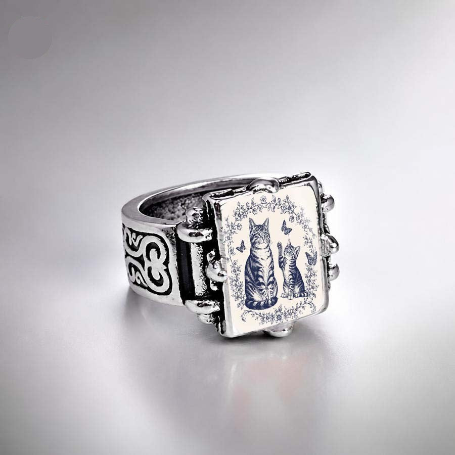 Blue Porcelain Cat Square Ring