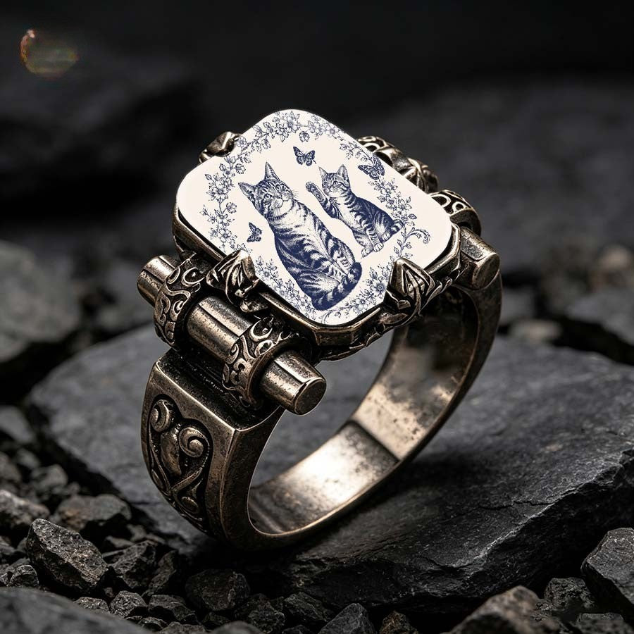 Blue Porcelain Cat Square Ring