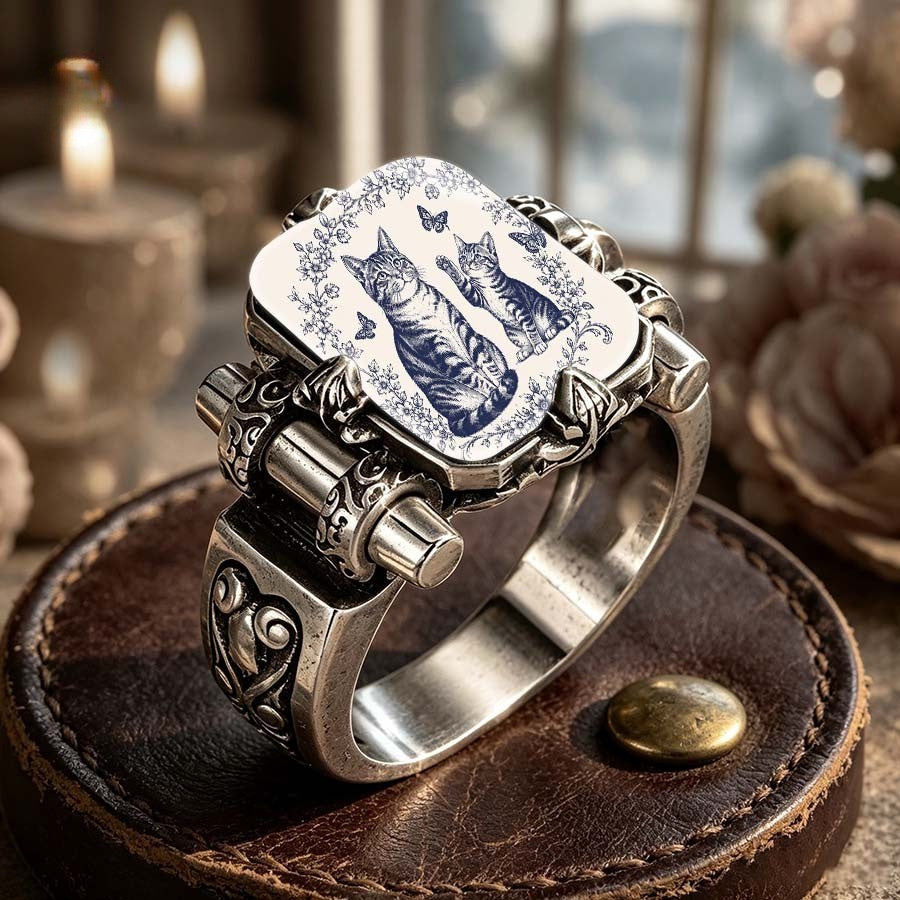 Blue Porcelain Cat Square Ring