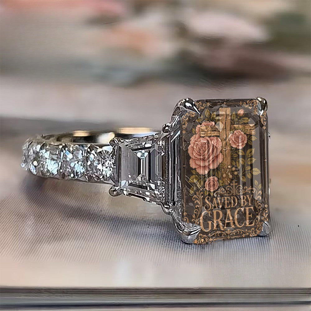 Saved By Grace Floral Cross Ring