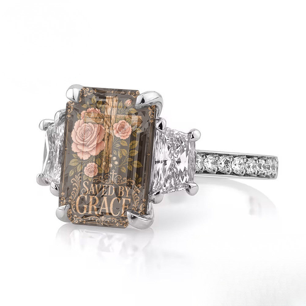 Saved By Grace Floral Cross Ring
