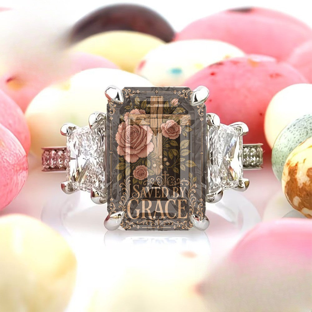 Saved By Grace Floral Cross Ring