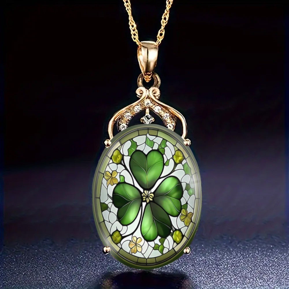 Green Clover Stained Glass Oval Necklace