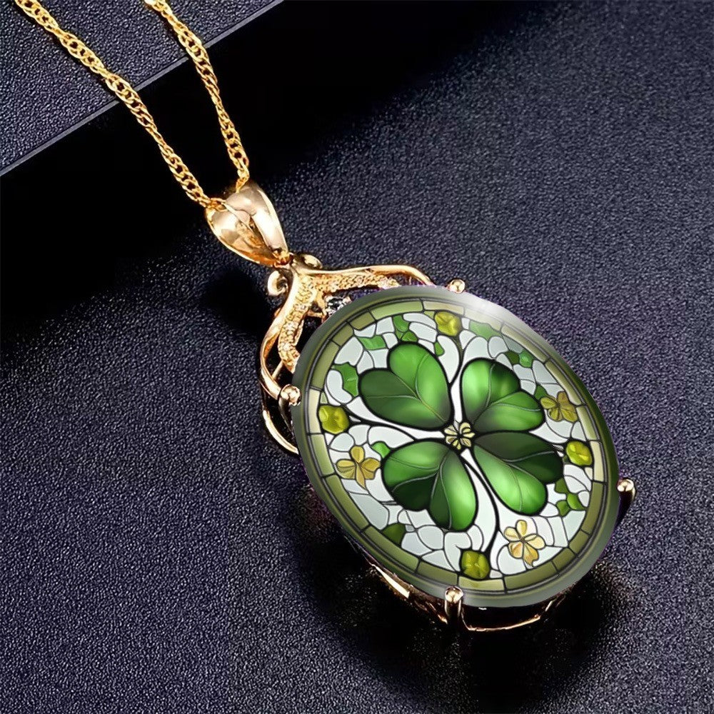 Green Clover Stained Glass Oval Necklace