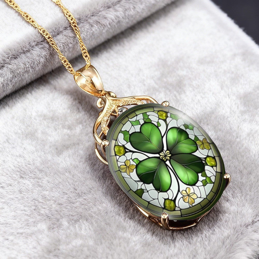 Green Clover Stained Glass Oval Necklace