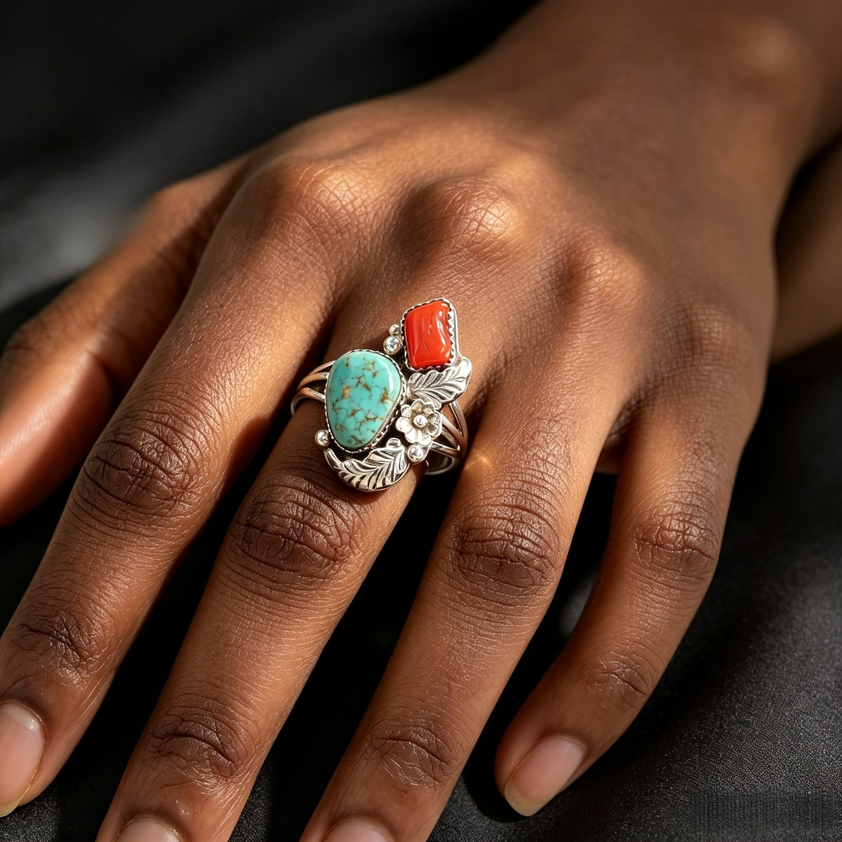 Turquoise & Coral Statement Ring